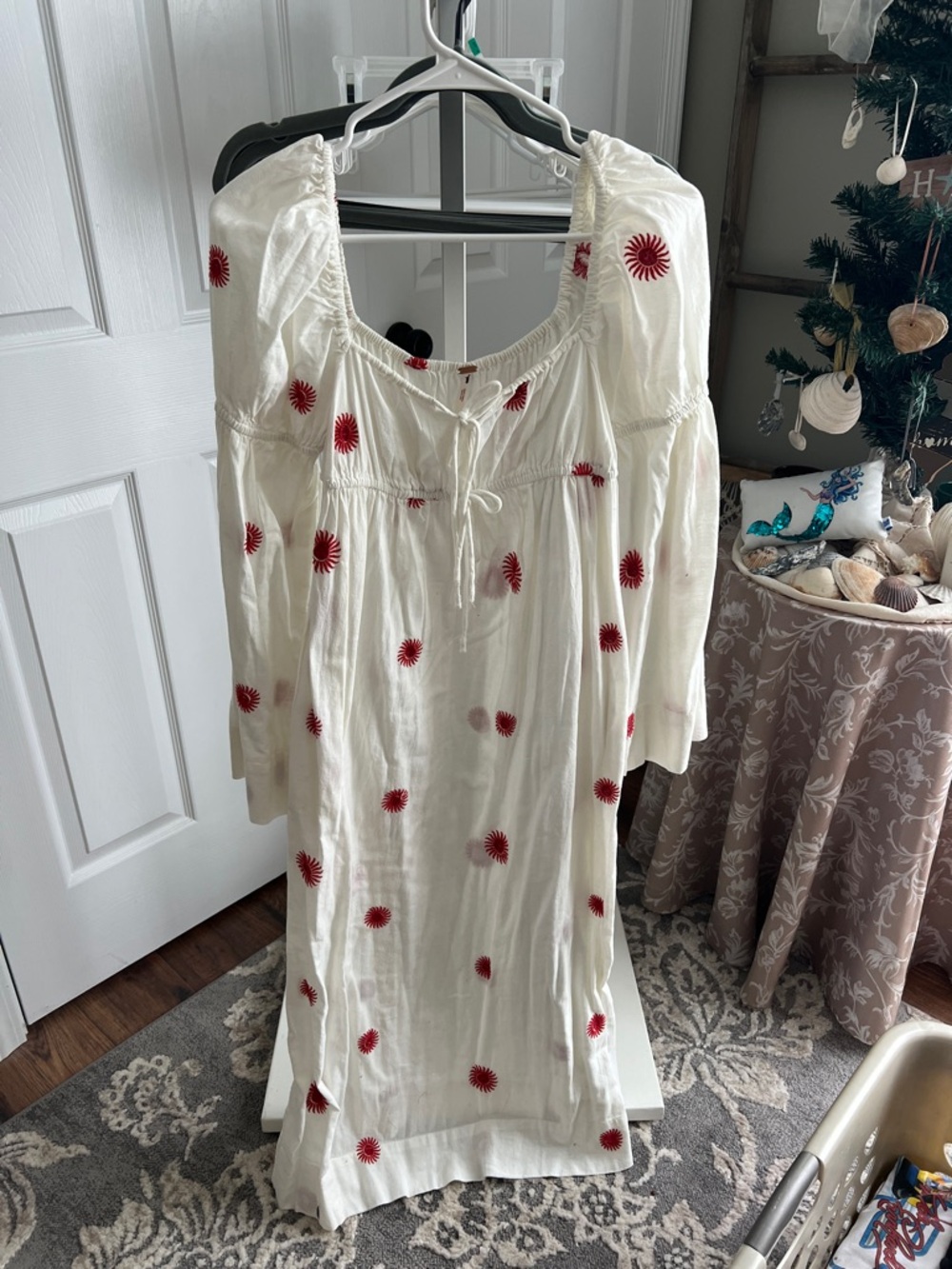 Free People Emory Embroidered Midi Dress- White with Red/Orange Details